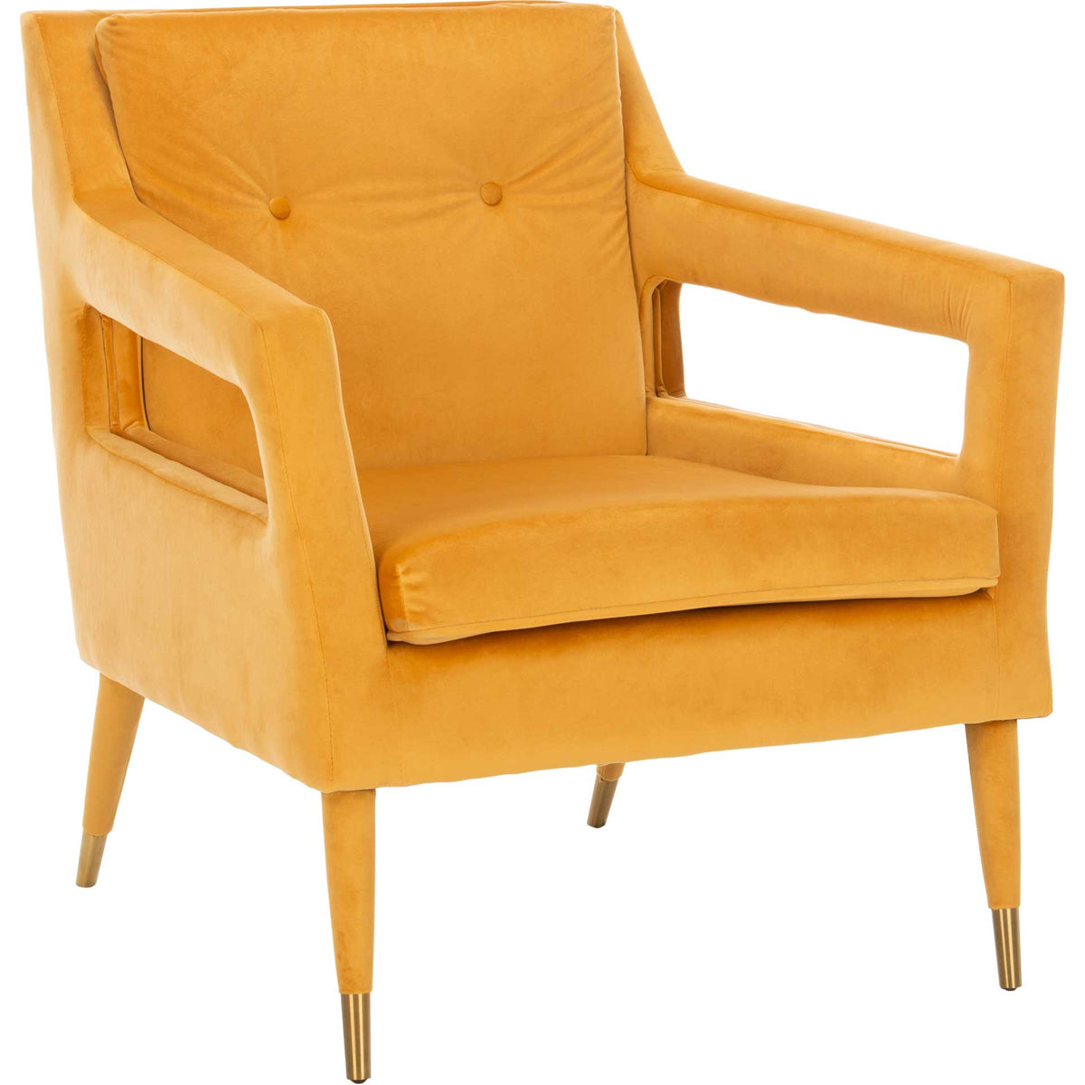 A marigold velvet accent chair pairs a tufted cushion and open arms with gold-tipped legs. || ACH4505B || front_angle_studio