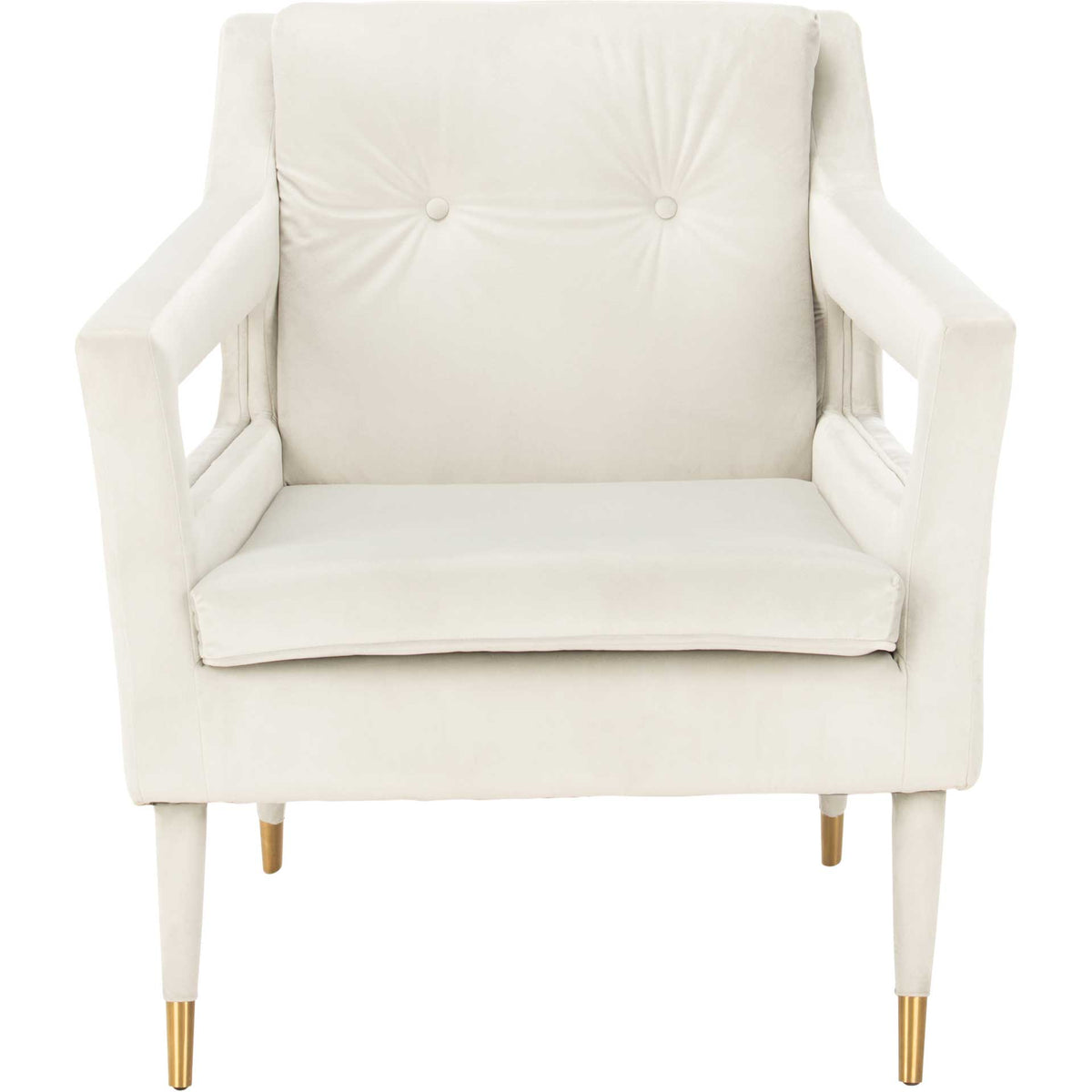 Pale silver velvet softens this chair's button-tufted back and clean-lined cutout arms. || ACH4505D || front_studio