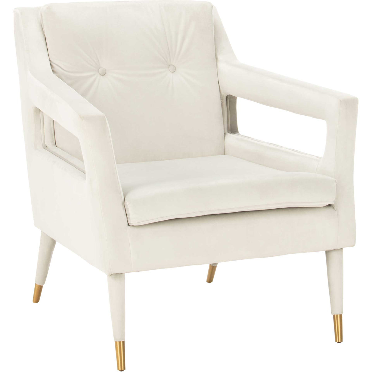 A pale silver velvet chair combines a softly tufted back, open arms and gold-tipped legs. || ACH4505D || front_angle_studio