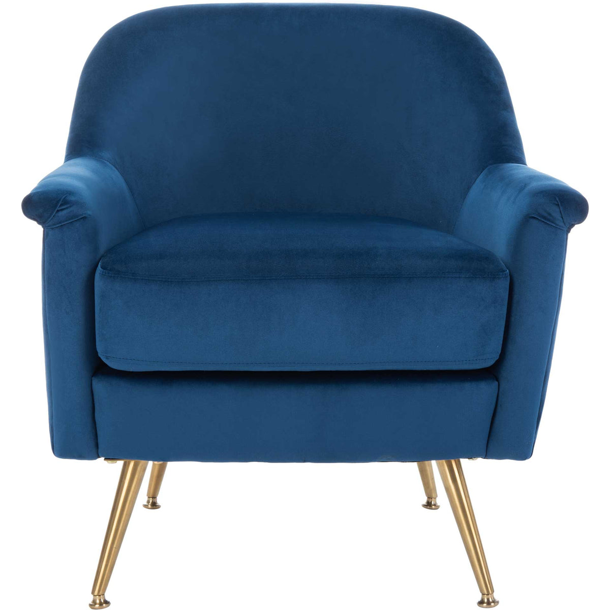A plush navy velvet seat sits between softly rolled arms under a wide, curved back || ACH4506C || front_studio