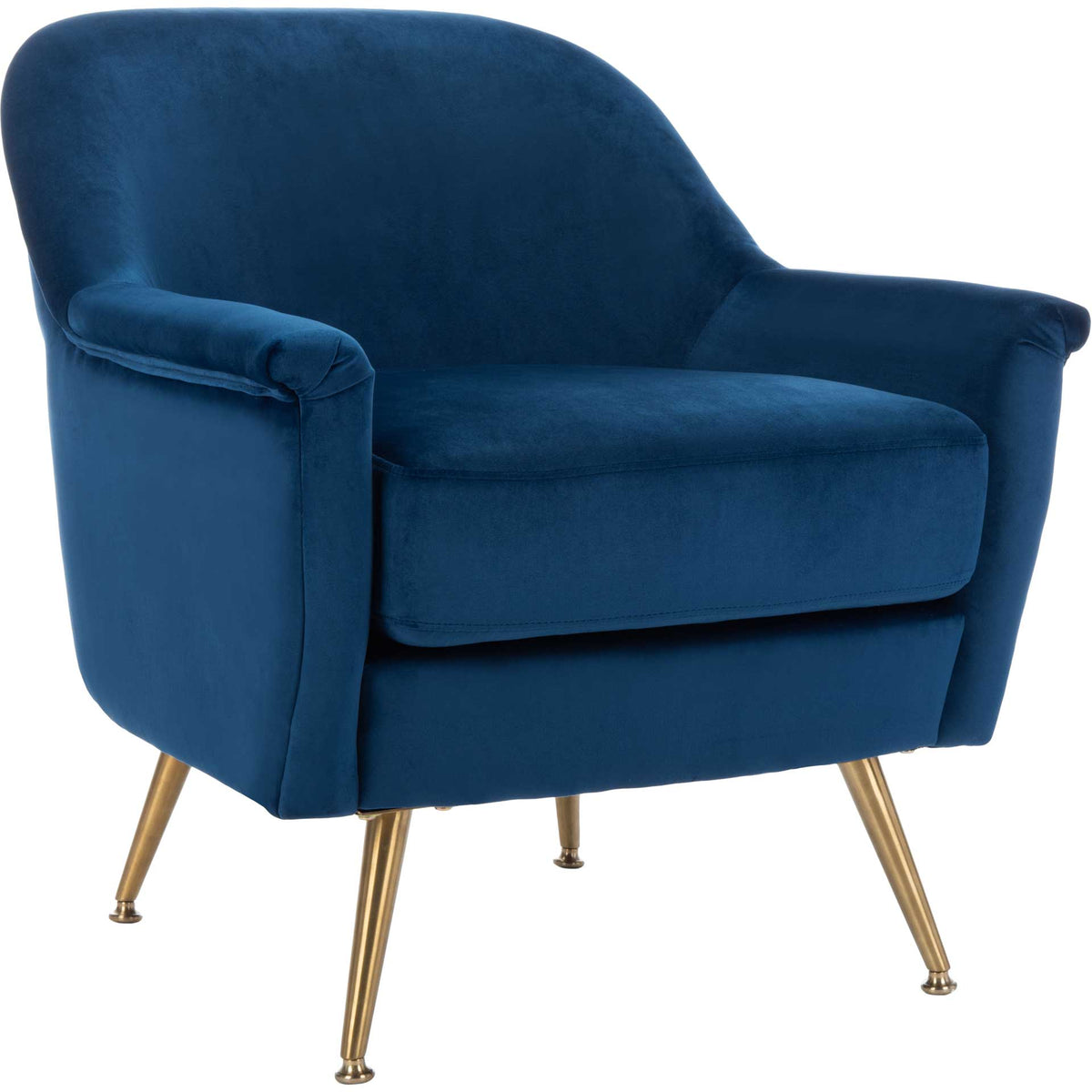 Navy velvet adds bold color to a rounded armchair with a deep cushion and brass-tone legs || ACH4506C || front_angle_studio