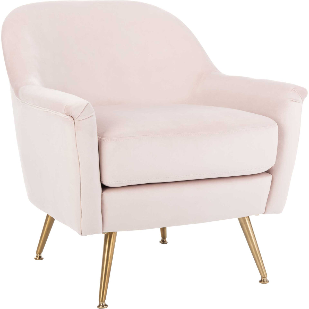 Blush pink velvet wraps a curved armchair with a plush seat and tapered brass-finish legs || ACH4506D || front_angle_studio
