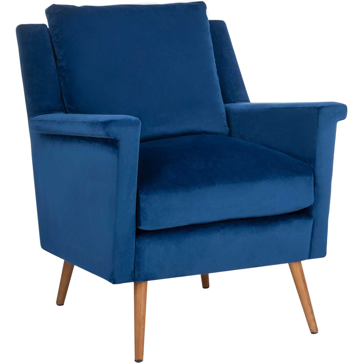 Navy velvet armchair pairs generous cushions and gently flared arms with splayed oak legs || ACH4507A || front_angle_studio