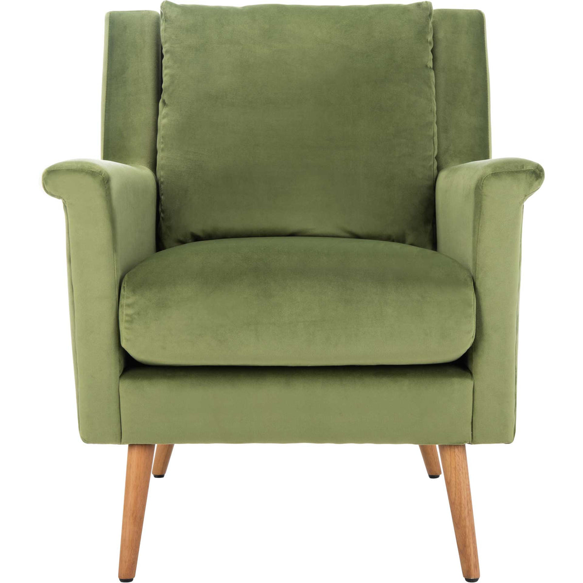 Olive green velvet cushions create an inviting seat between softly flared arms || ACH4507B || front_studio