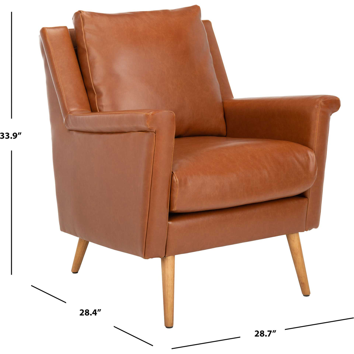 Cognac faux leather armchair measures 28.7 inches wide, 28.4 inches deep, and 33.9 inches tall