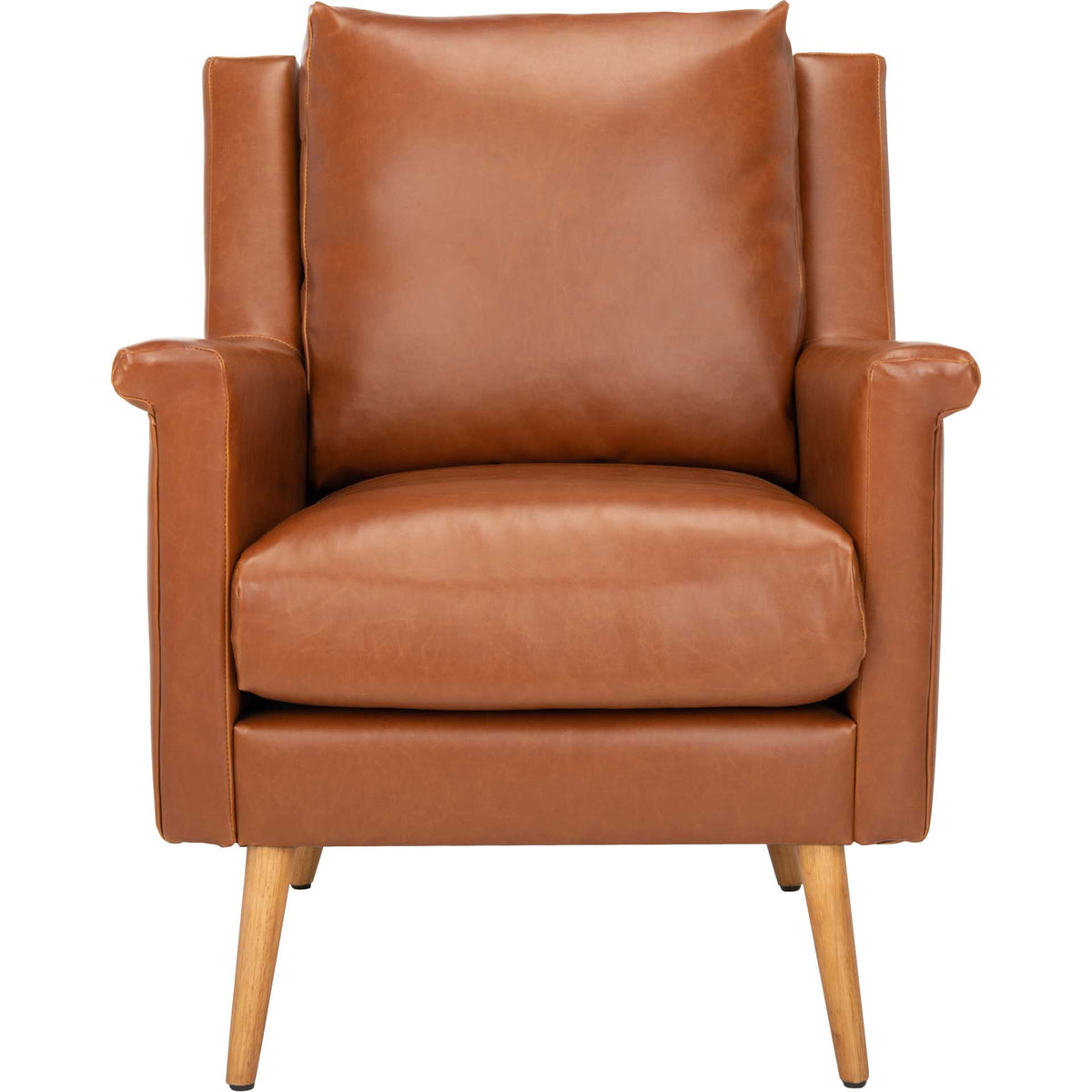Plush cognac faux leather seat and tall back cushion create an inviting armchair || ACH4507D || front_studio