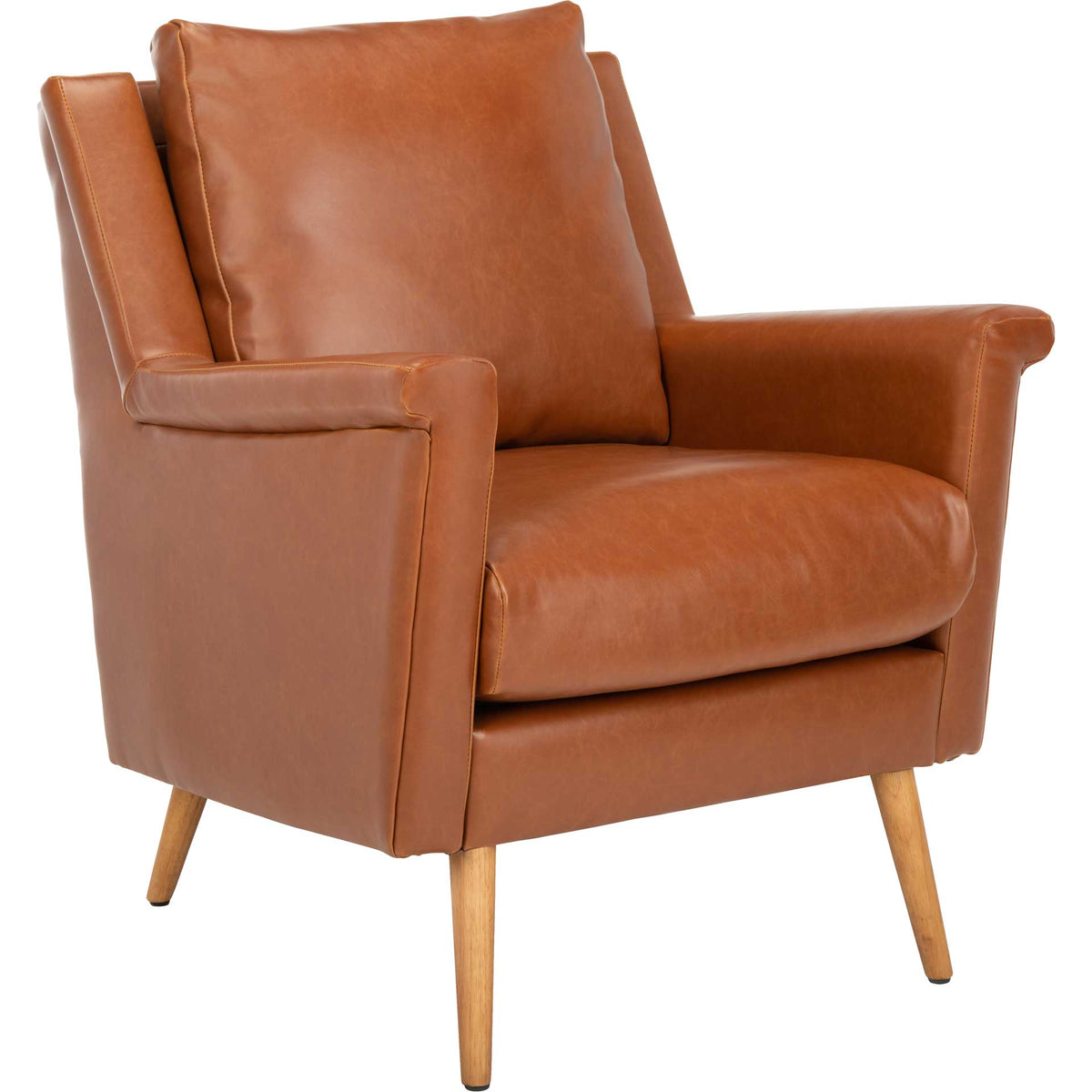 Cognac faux leather and flared arms lend this cushioned chair a warm, retro feel || ACH4507D || front_angle_studio