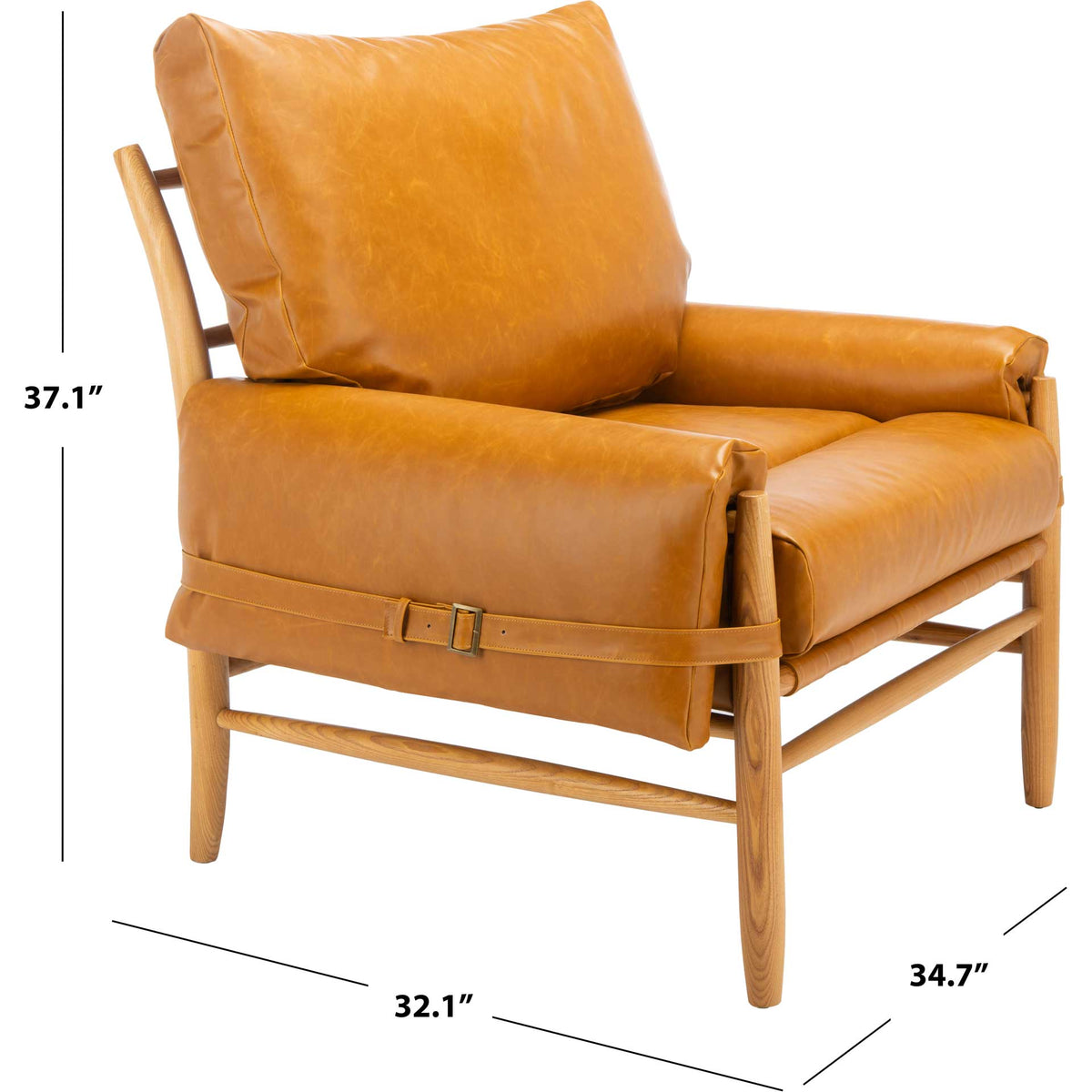 A 34.7-inch width and 37.1-inch height frame a roomy chair with caramel cushions and natural oak.