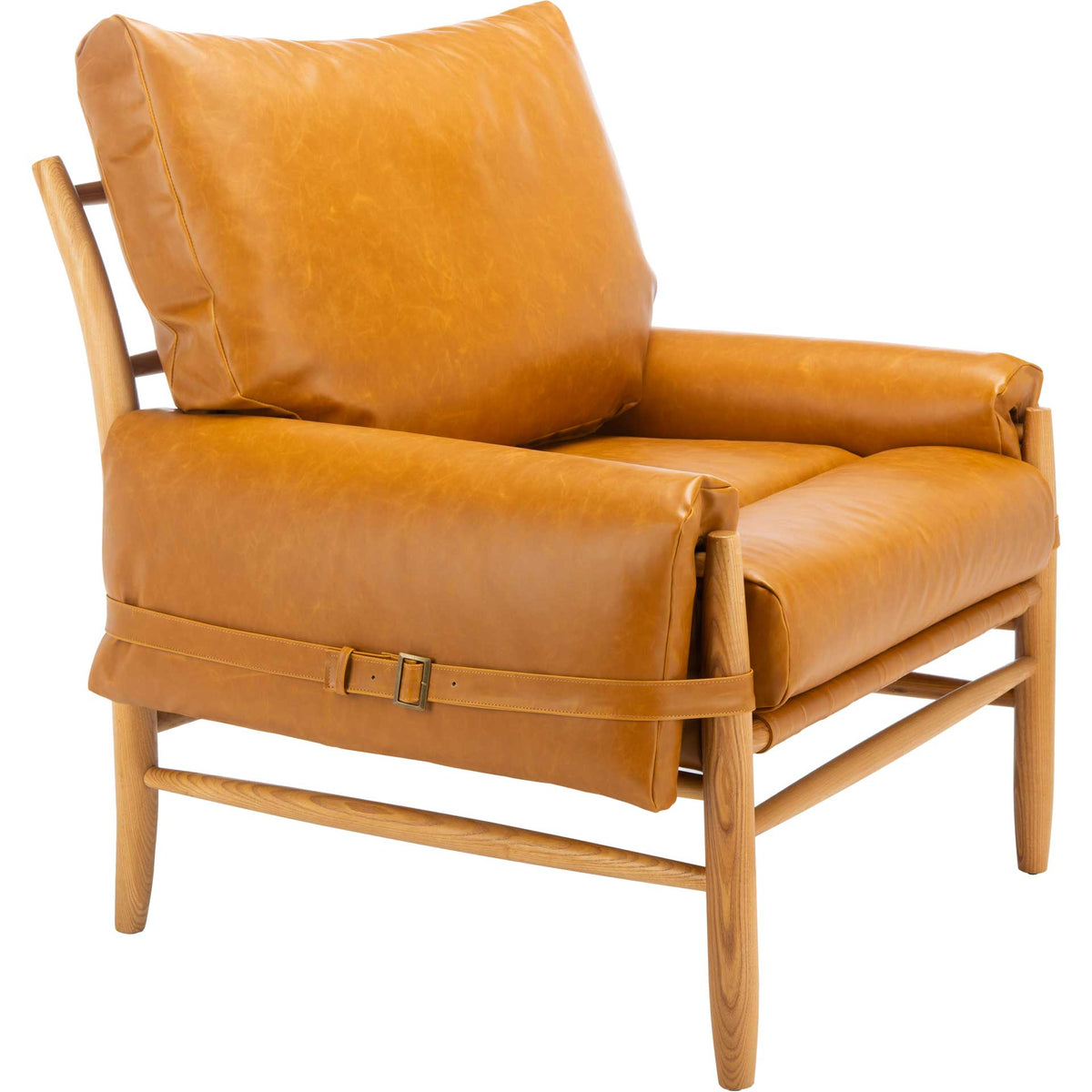 Caramel vegan leather cushions, a buckled arm strap, and natural oak framing create a warm, relaxed seat. || ACH4509A || front_angle_studio