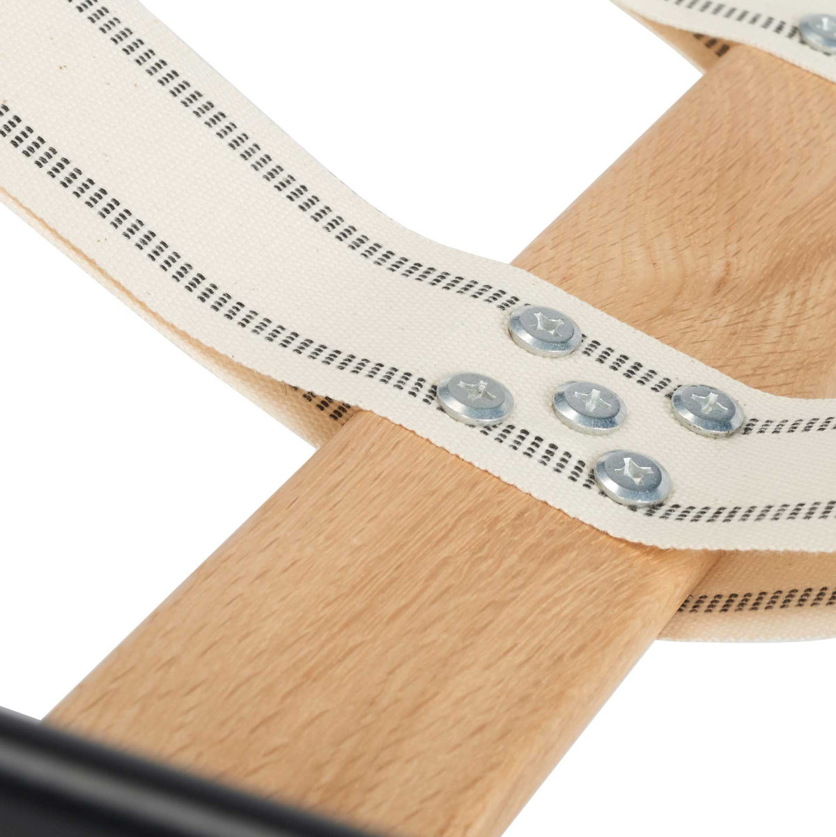 Patterned support straps are secured to a wood slat with exposed metal screws.
