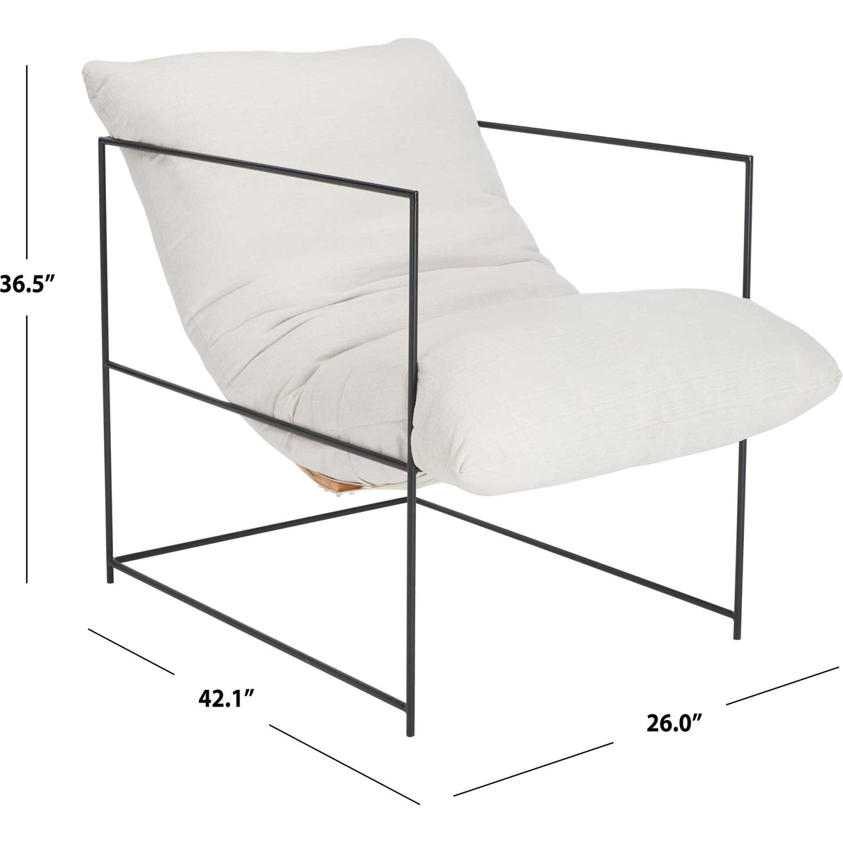 An ivory pillow-top chair with an open iron frame measures 42.1 by 26 by 36.5 inches.
