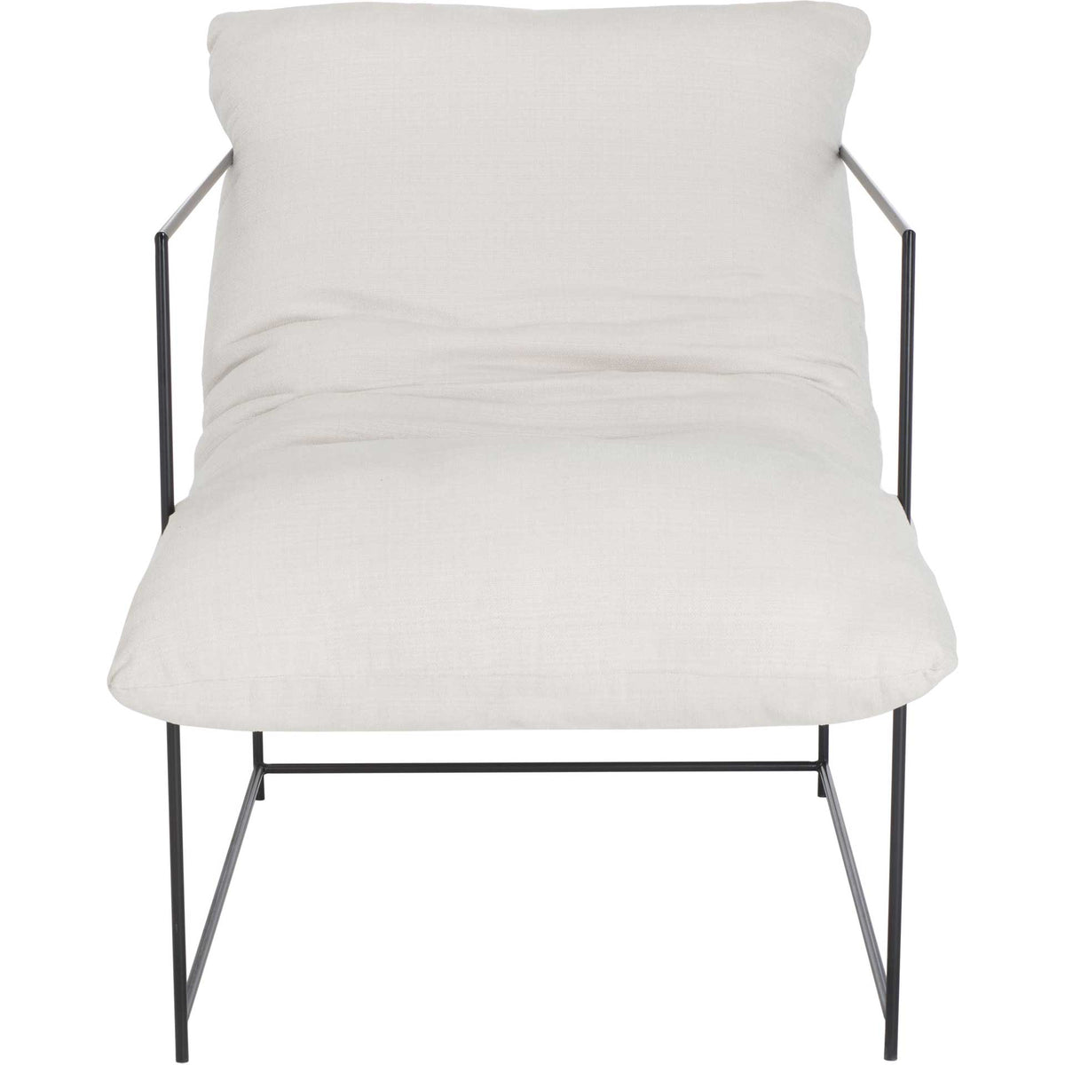 An oversized ivory pillow-top cushion creates relaxed seating within a slim black iron frame. || ACH4511A || front_studio