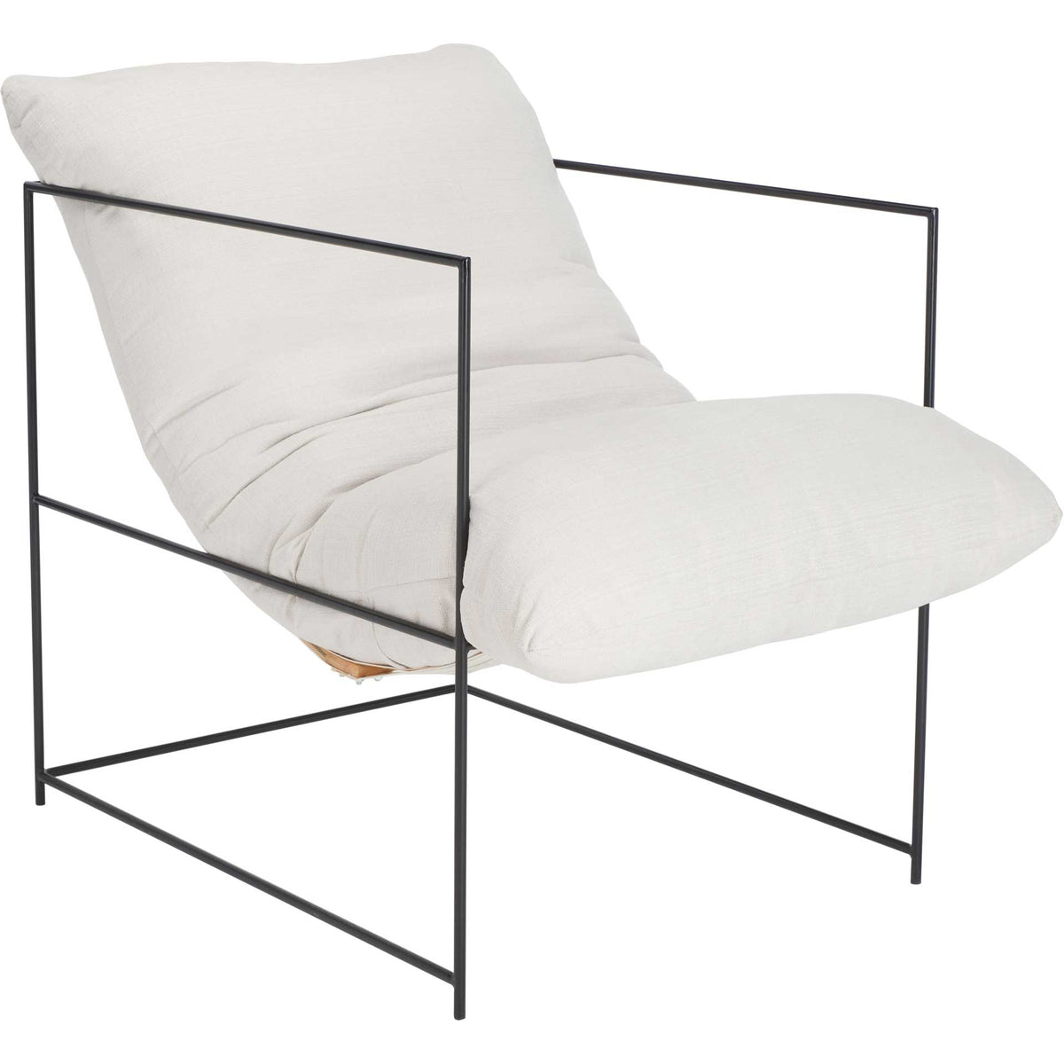 An ivory linen cushion flows from a tall back into a deep seat above an open iron frame. || ACH4511A || front_angle_studio