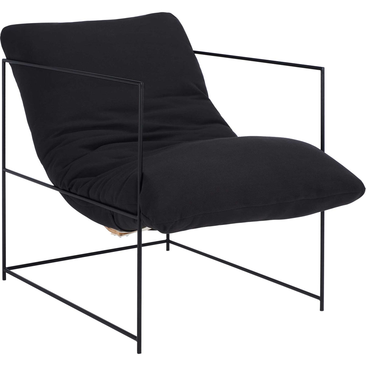 A generous black cushion curves into a deep seat, balanced by slender iron arms. || ACH4511B || front_angle_studio