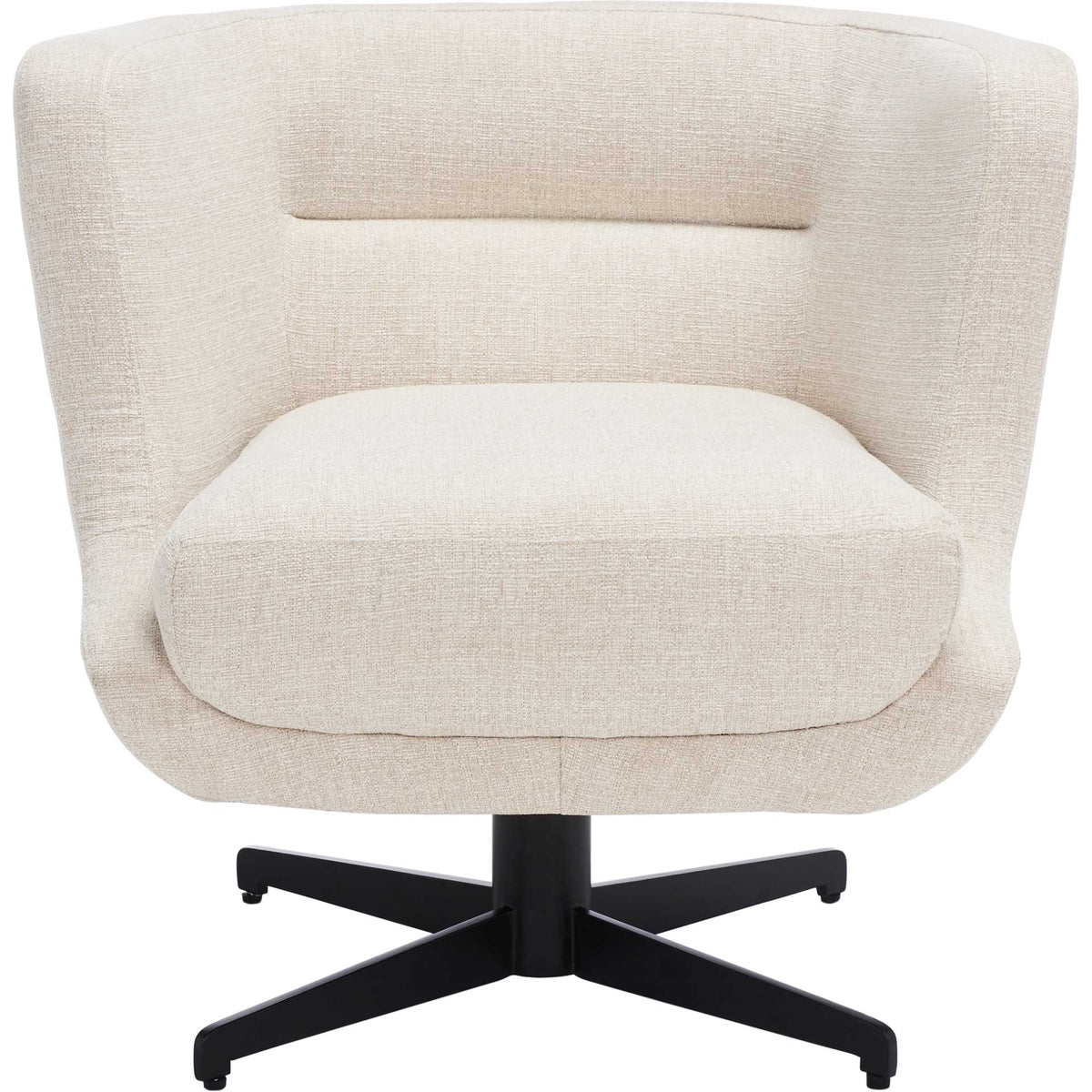 A generously cushioned cream seat is framed by curved arms and a black swivel base. || ACH5202A || front_studio