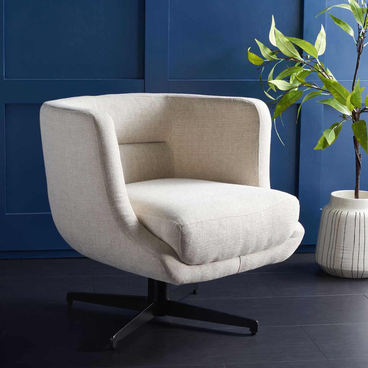 A plush cream cushion and sculpted tub silhouette lend cozy style to this modern swivel chair.