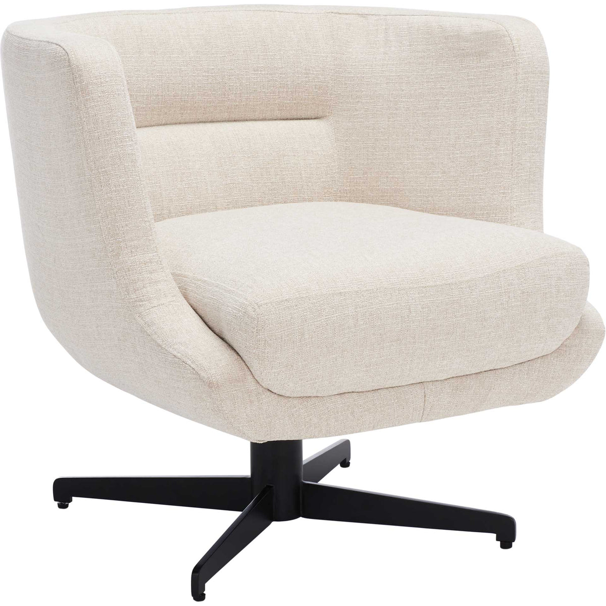 Cream fabric softens the wraparound back and thick seat above a black four-pronged swivel base. || ACH5202A || front_angle_studio