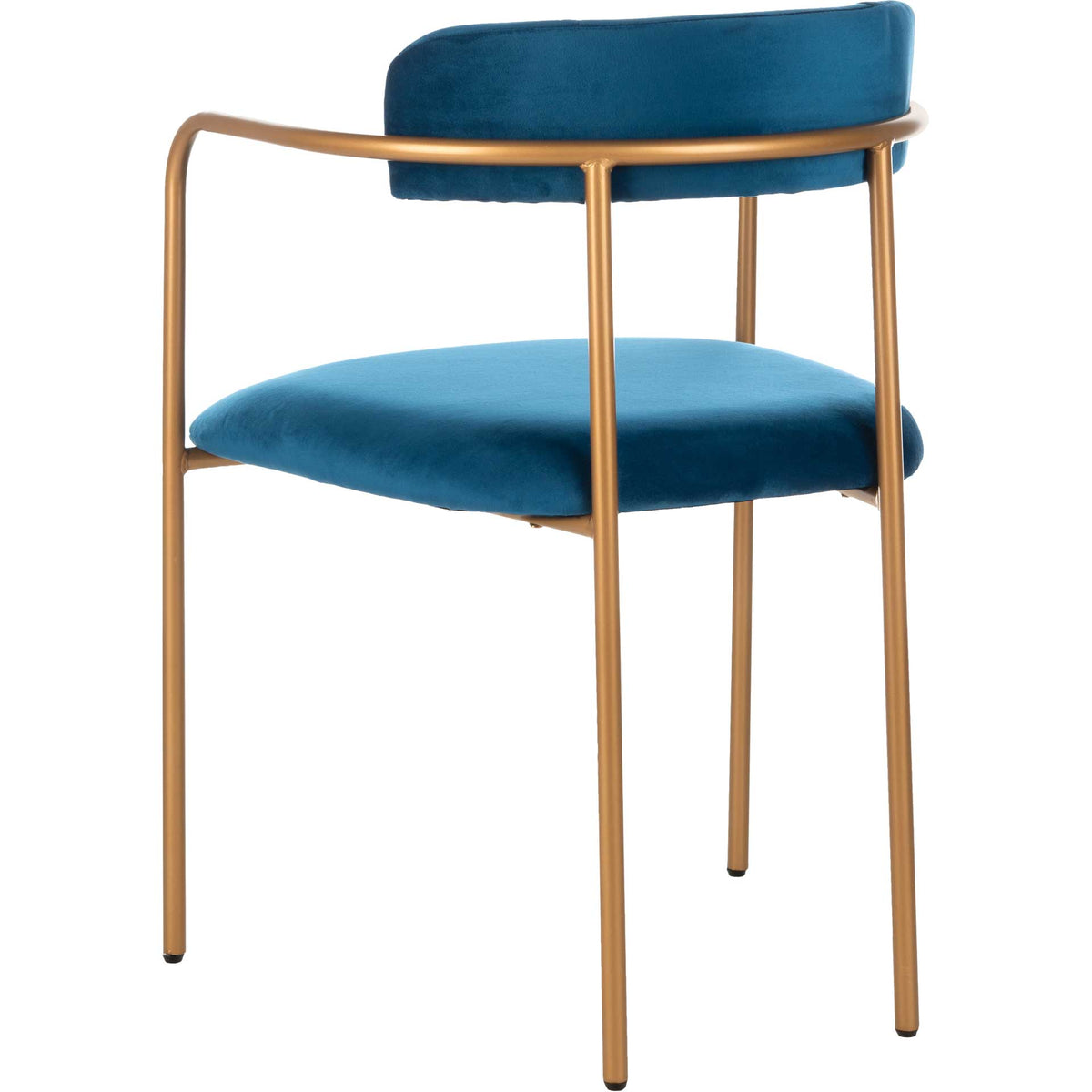 A rounded navy velvet backrest follows the sweeping lines of its gold metal arms