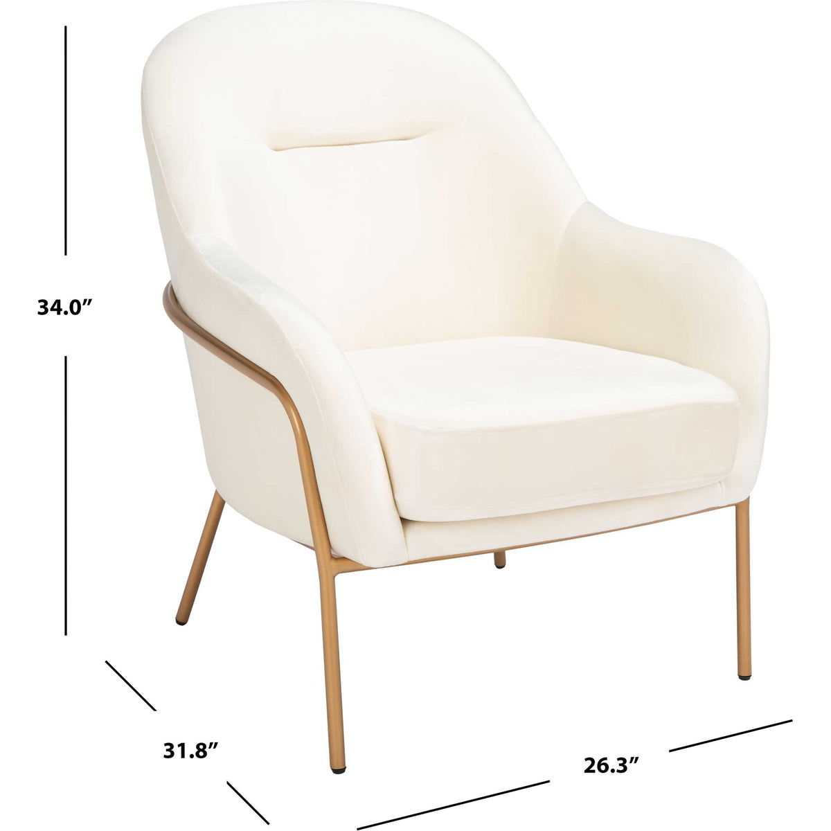 This cream velvet chair rises 34 inches high on a slender gold metal frame.