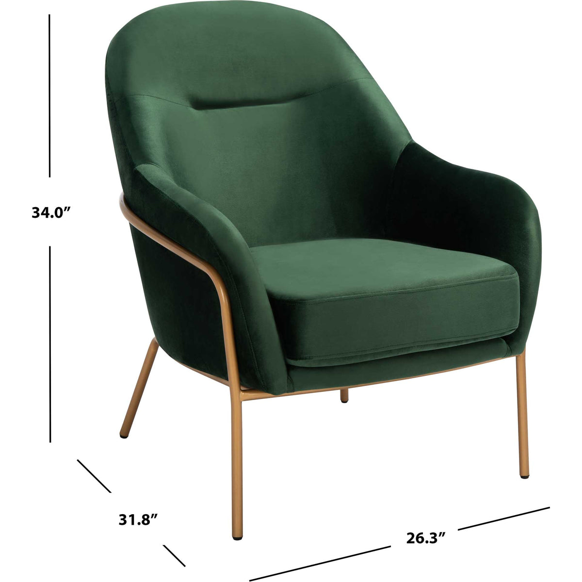 Green velvet upholstery, a gold frame, and a 34-inch height complete this inviting chair.