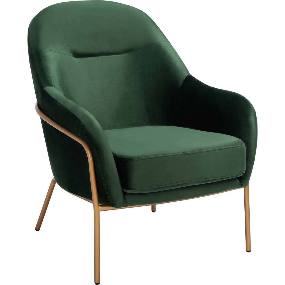 Deep malachite green velvet pairs with sleek gold framing for a luxurious lounge seat. || ACH6202B || front_angle_studio