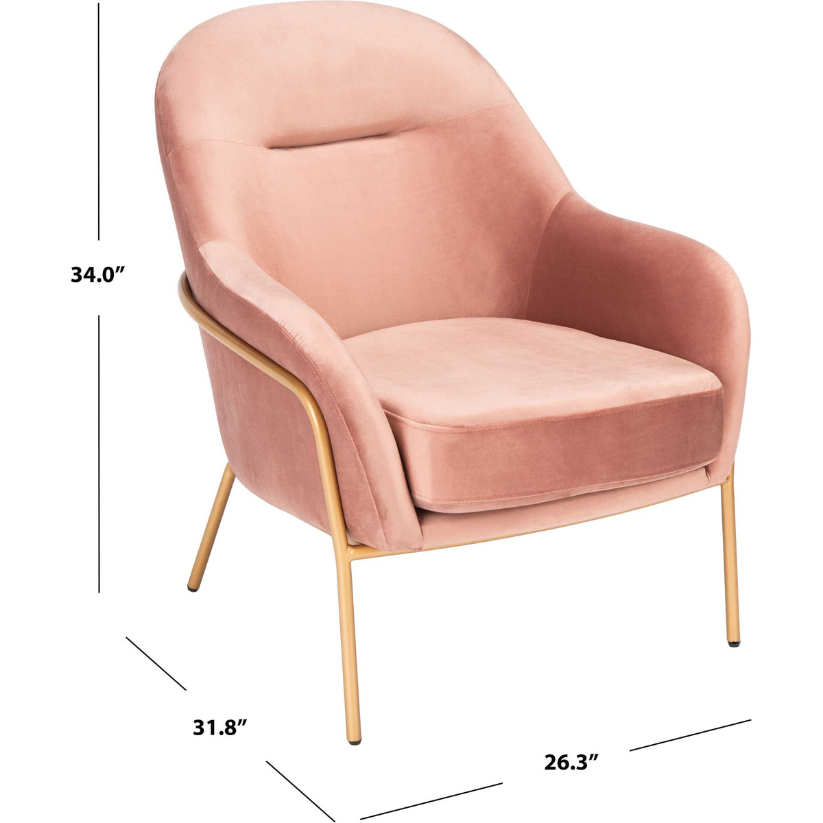 This dusty rose velvet chair measures 34 inches tall and rests on a gold metal base.