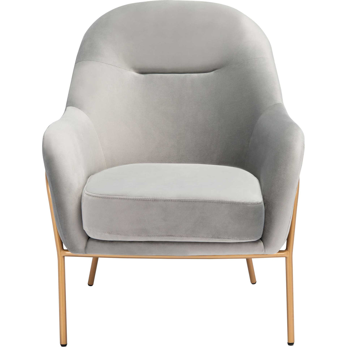 Soft gray velvet pairs a tall rounded back and cozy curved arms with gold legs. || ACH6202D || front_studio
