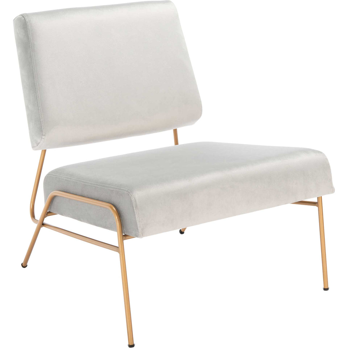 Plush gray velvet cushions sit on a slender gold-finished frame with an airy, open base. || ACH6203A || front_angle_studio