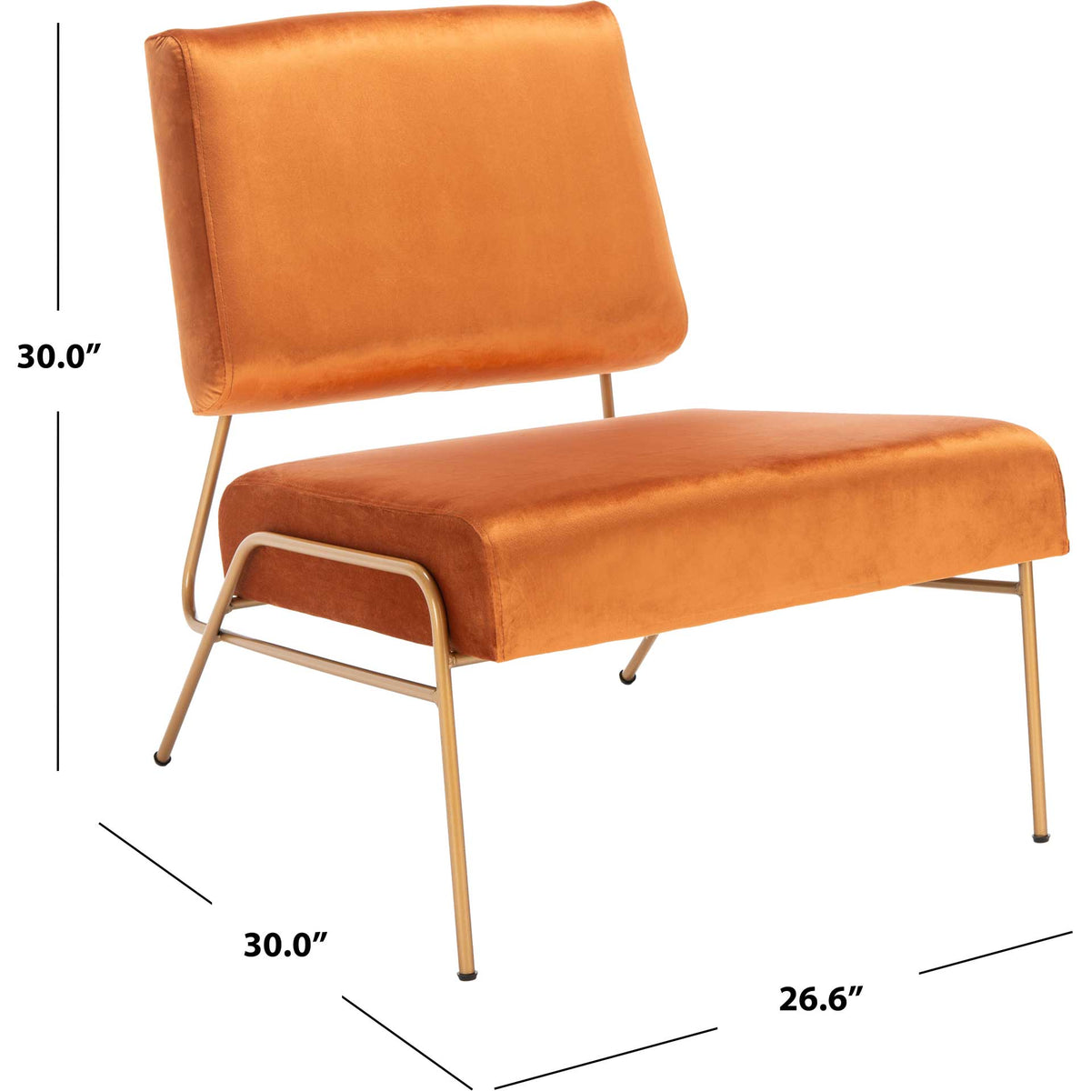 A sienna velvet chair with a slender gold-finished frame stands 30 inches high.