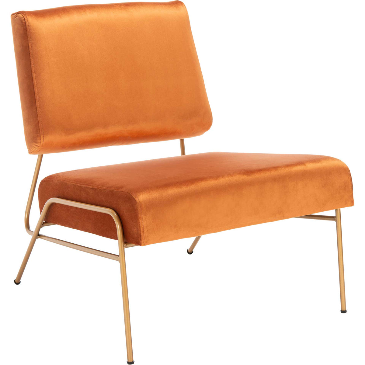 Rich sienna velvet upholstery pairs with a slender gold-finished frame and airy base. || ACH6203C || front_angle_studio