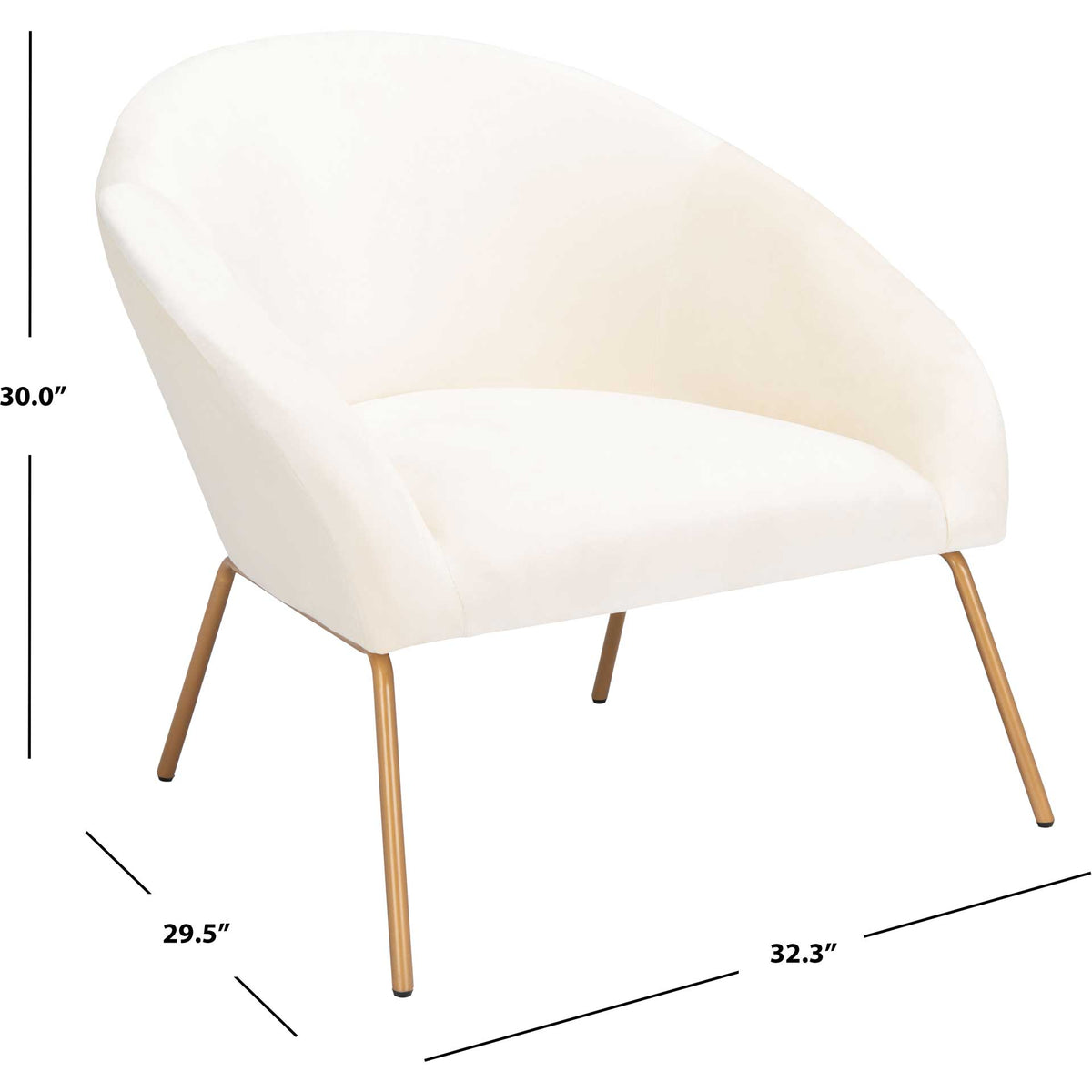 A cream velvet accent chair stands 30 inches tall on slender gold legs