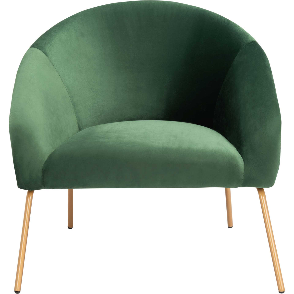 An enveloping malachite green velvet chair pairs a rounded back with splayed gold legs || ACH6204B || front_studio