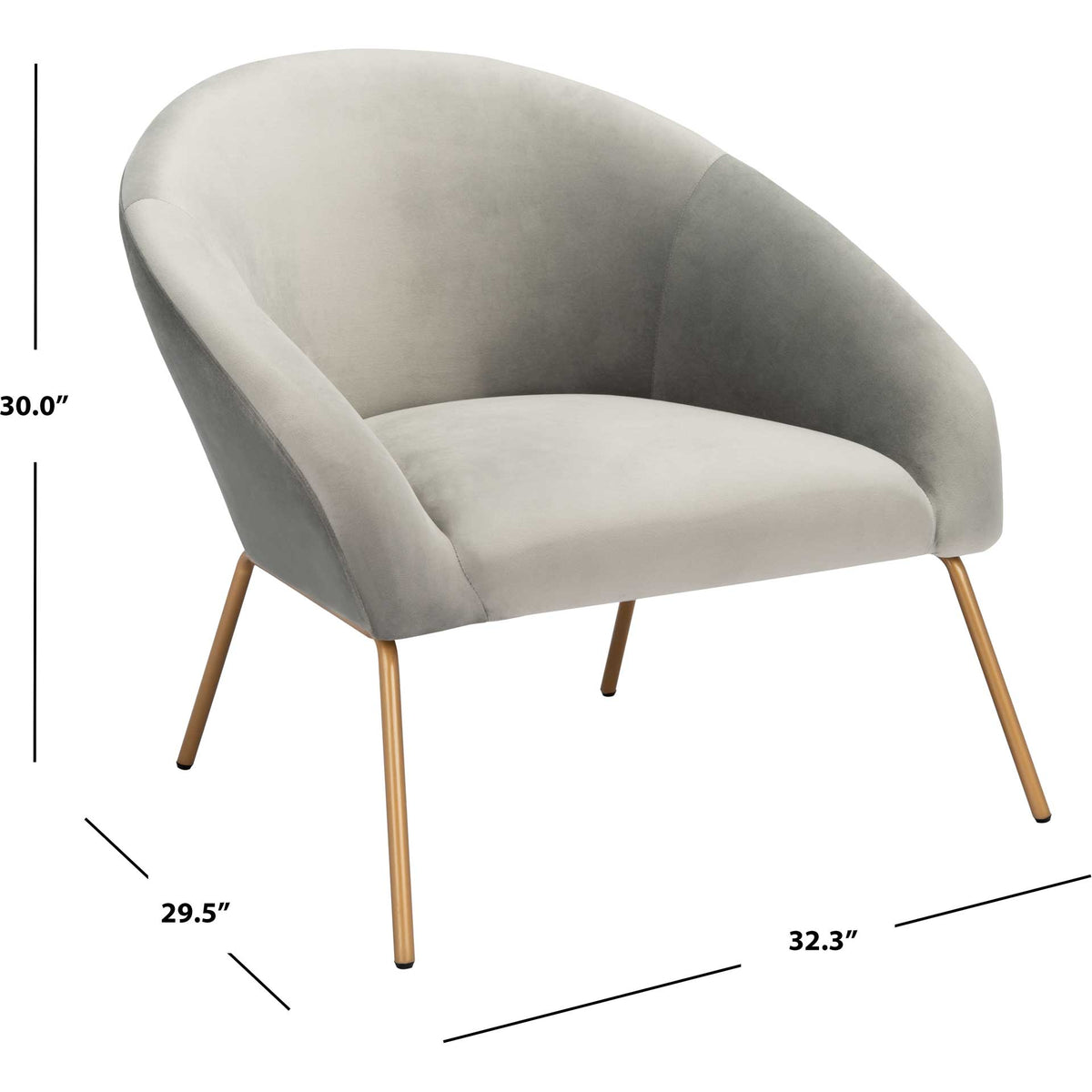 A softly rounded gray velvet accent chair stands 30 inches tall on slim gold legs