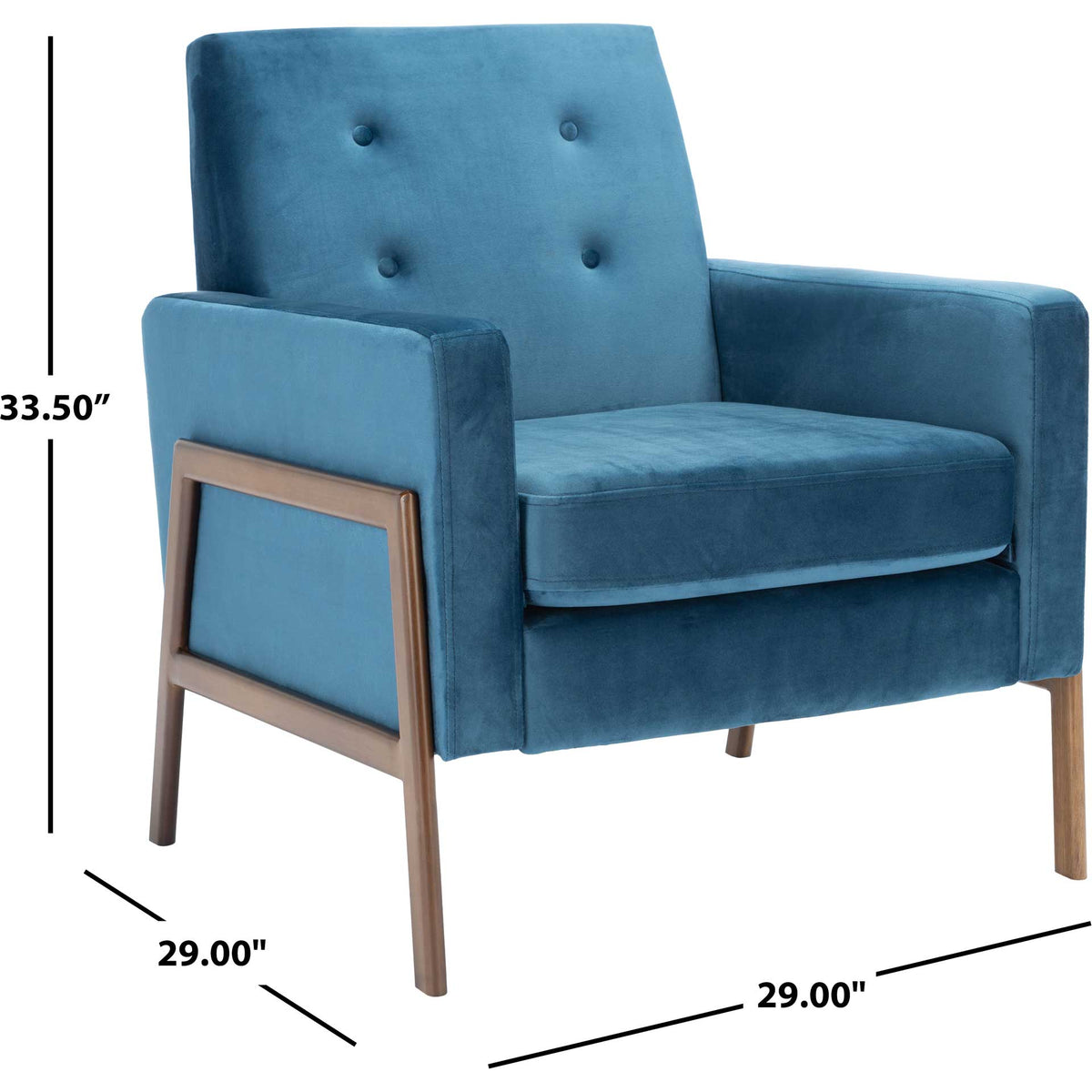Cushioned blue velvet chair with a tufted back measures 29 x 29 x 33.5 inches