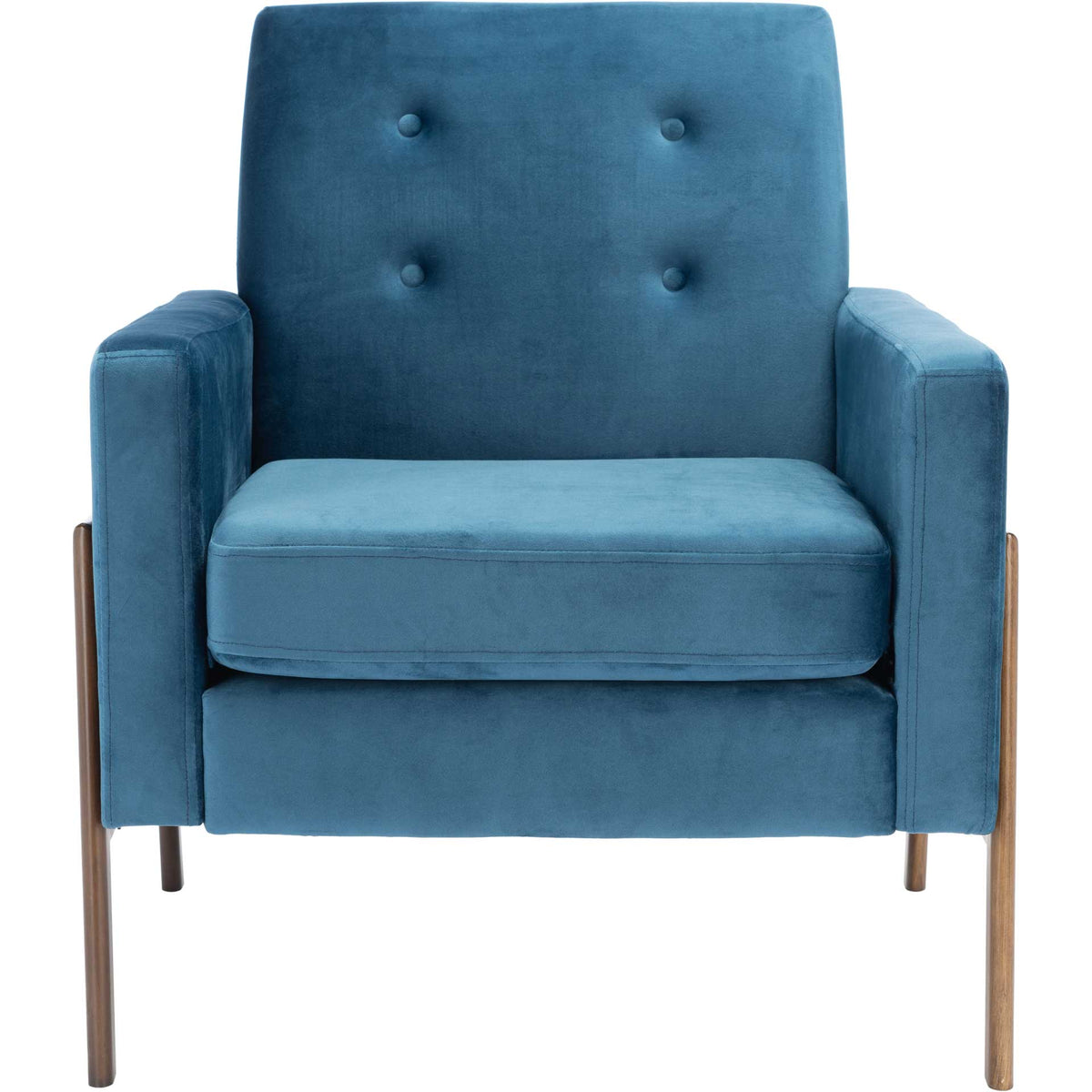 Prussian blue velvet accent chair features a four-button back, boxy arms, and a generously cushioned seat || ACH6209A || front_studio