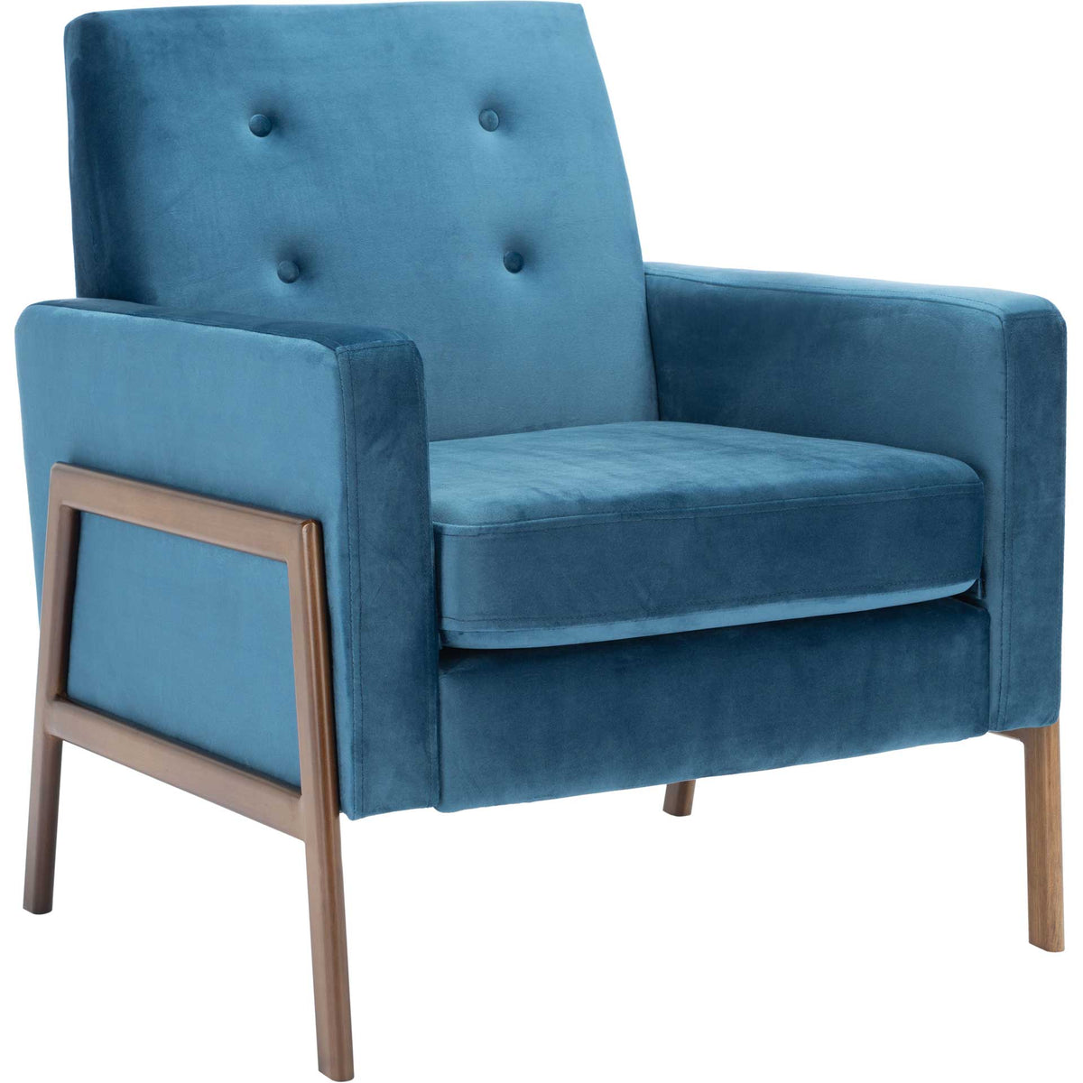 Prussian blue velvet chair pairs a plush seat and button-tufted back with an open coffee-tone metal frame || ACH6209A || front_angle_studio