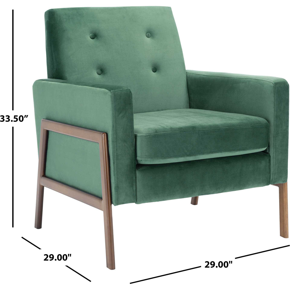 Tufted green velvet armchair with a wood-look frame measures 29 x 29 x 33.5 inches