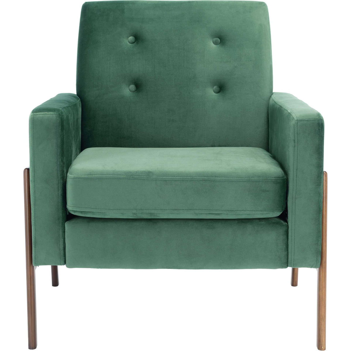 Plush green velvet chair has a four-button backrest, broad cushioned seat, and clean-lined arms || ACH6209B || front_studio