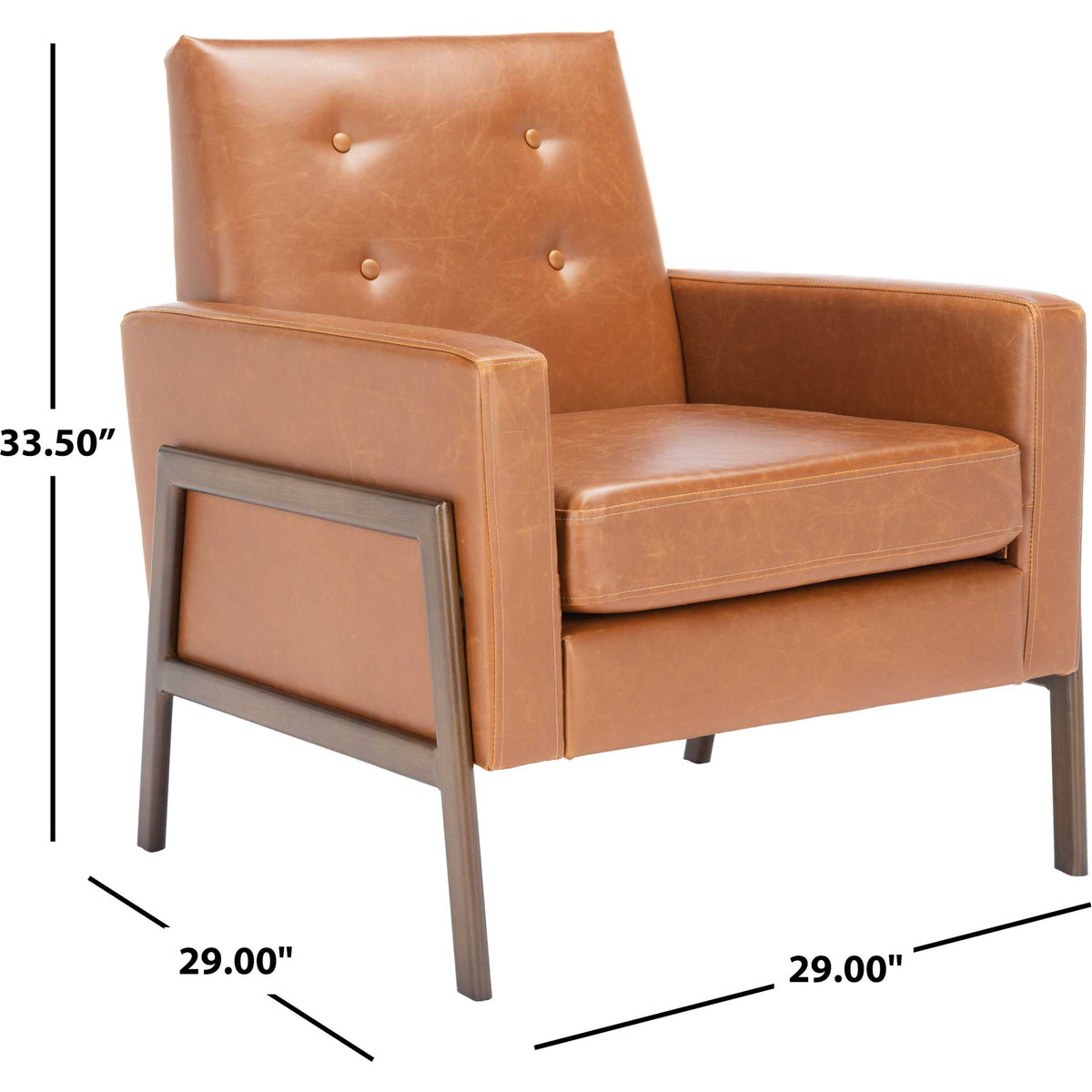 Tufted light brown vegan leather chair measures 29 x 29 x 33.5 inches