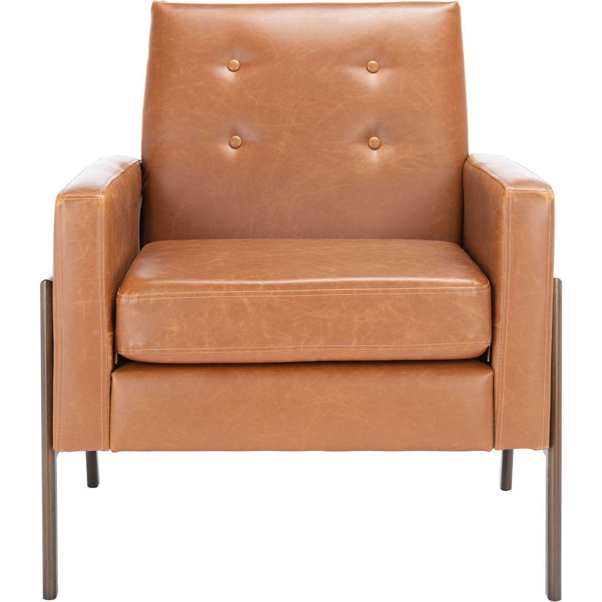 Tailored light brown vegan leather chair offers a thick seat cushion, squared arms, and four-button tufting || ACH6209C || front_studio