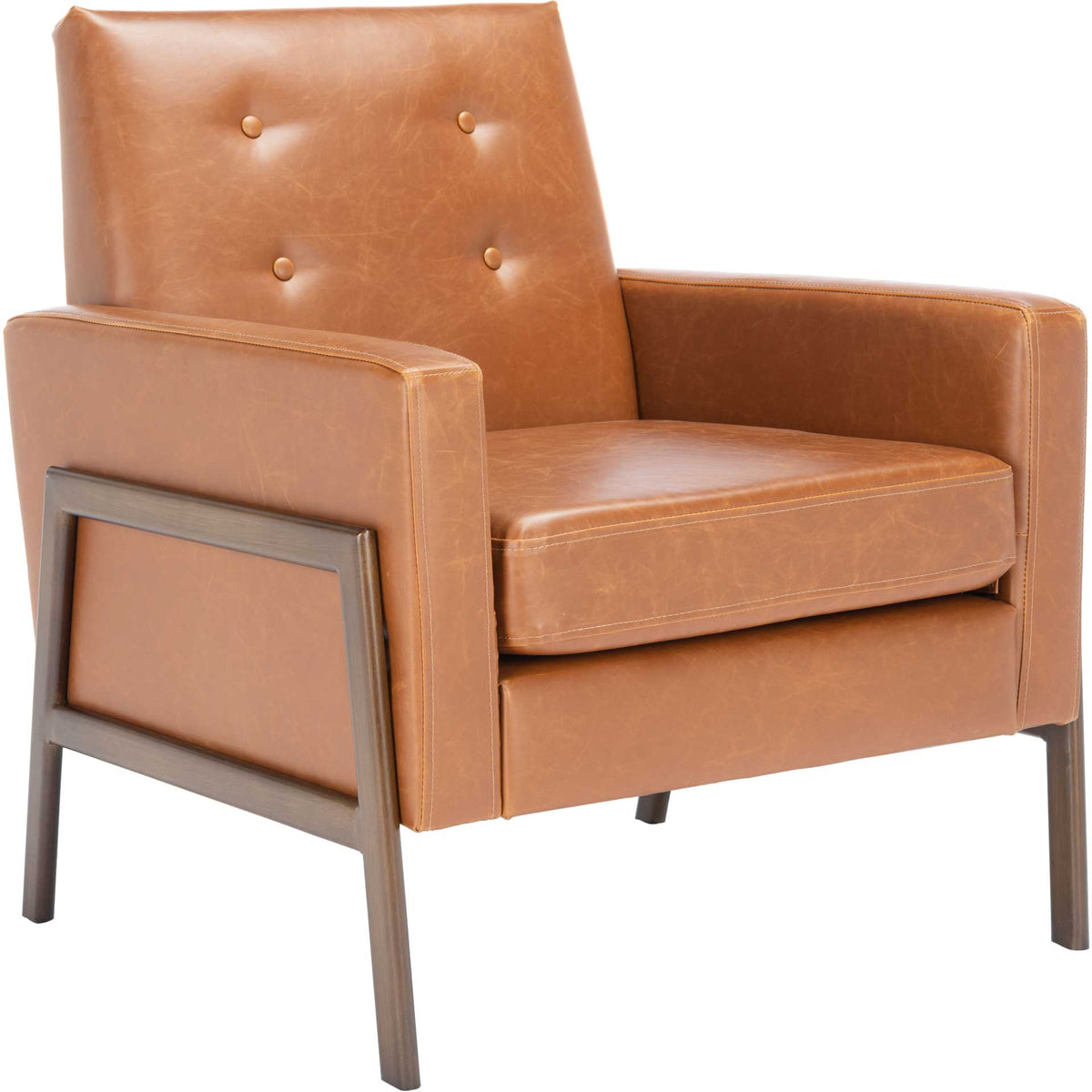 Light brown vegan leather armchair features a button-tufted back and an airy, wood-look metal frame || ACH6209C || front_angle_studio