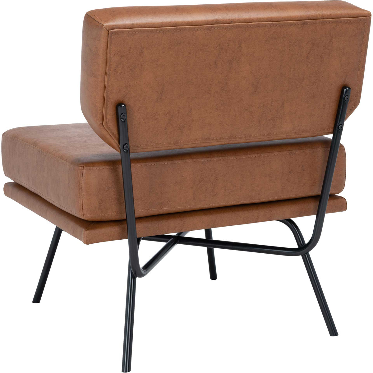 A padded cognac backrest pairs with an open black metal frame for an airy modern look.