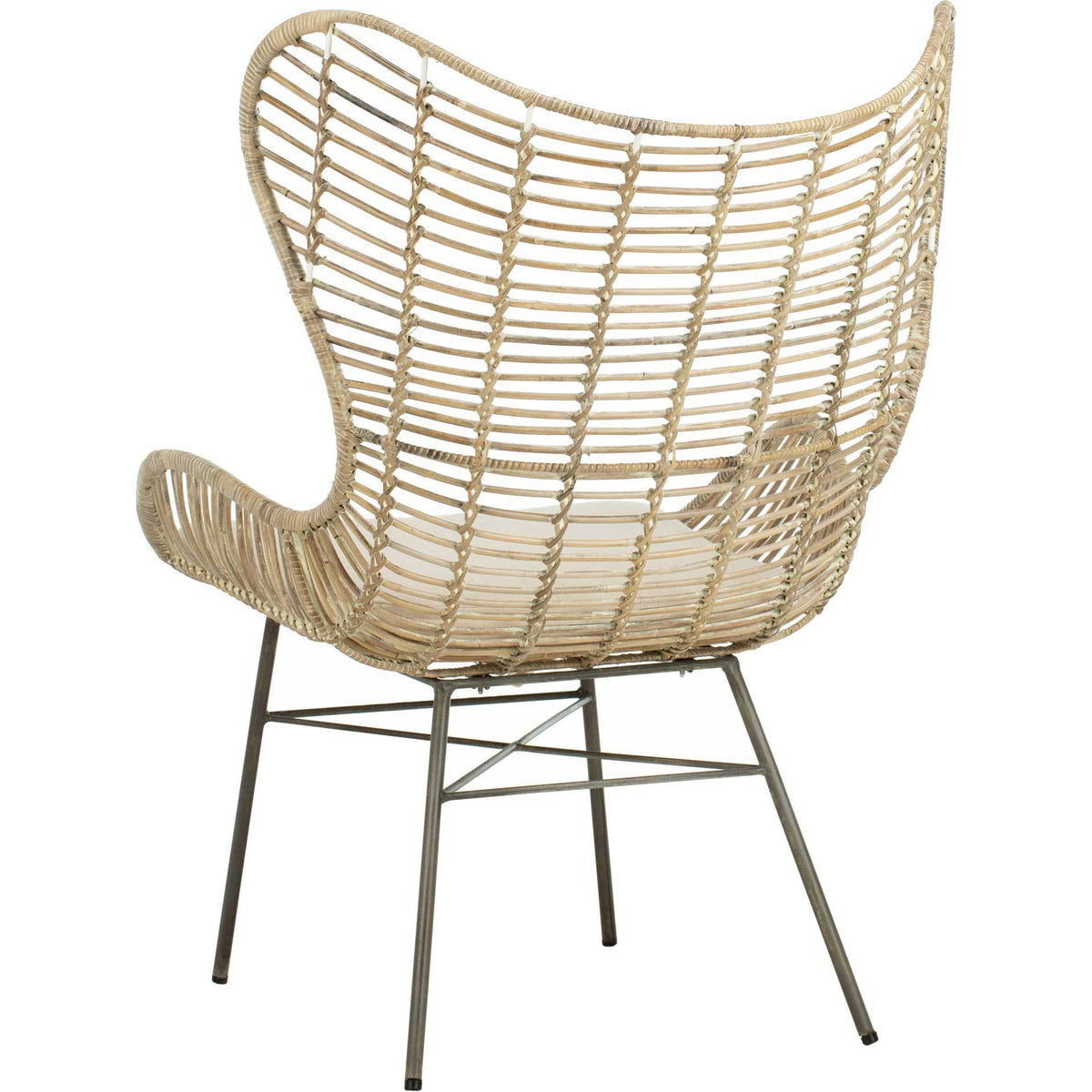 Whitewashed rattan wraps around the high wingback, with an airy weave and dark steel support