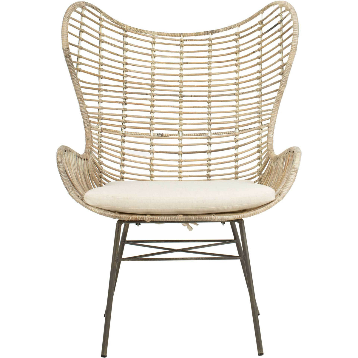 A tall, flared rattan wingback and curved arms frame a white cushioned seat on slender steel legs || ACH6500A || front_studio