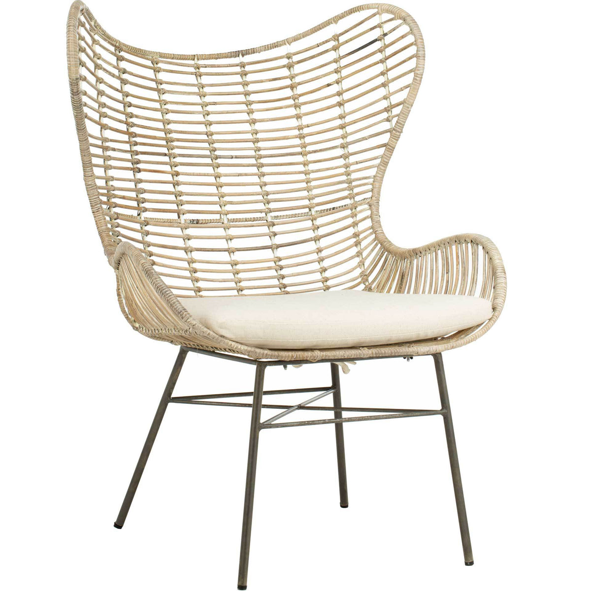 Open-weave rattan creates an airy silhouette, balanced by a padded white seat and cross-braced metal legs || ACH6500A || front_angle_studio