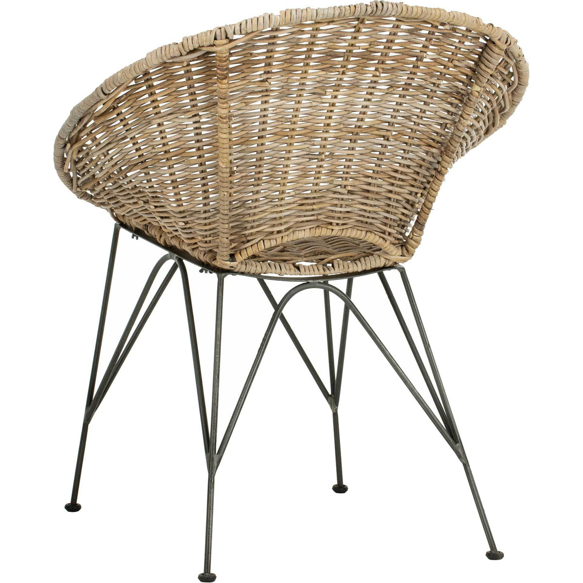 A sculptural woven rattan shell pairs with a delicate geometric steel base
