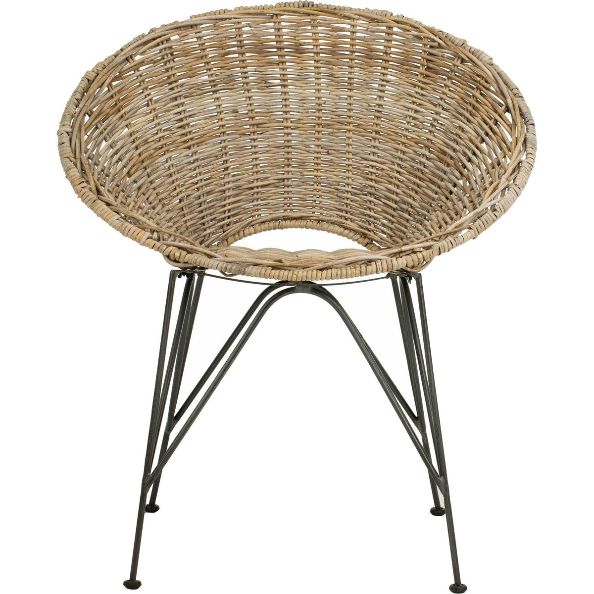 A broad woven rattan seat wraps around an airy, arched steel base || ACH6501A || front_studio