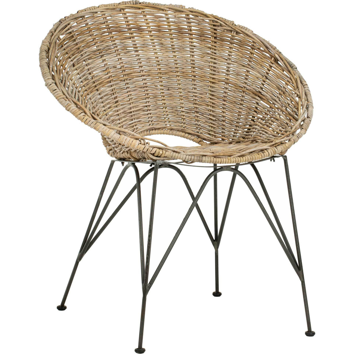 Pale rattan curves into a scooped seat above slender, angled steel legs || ACH6501A || front_angle_studio