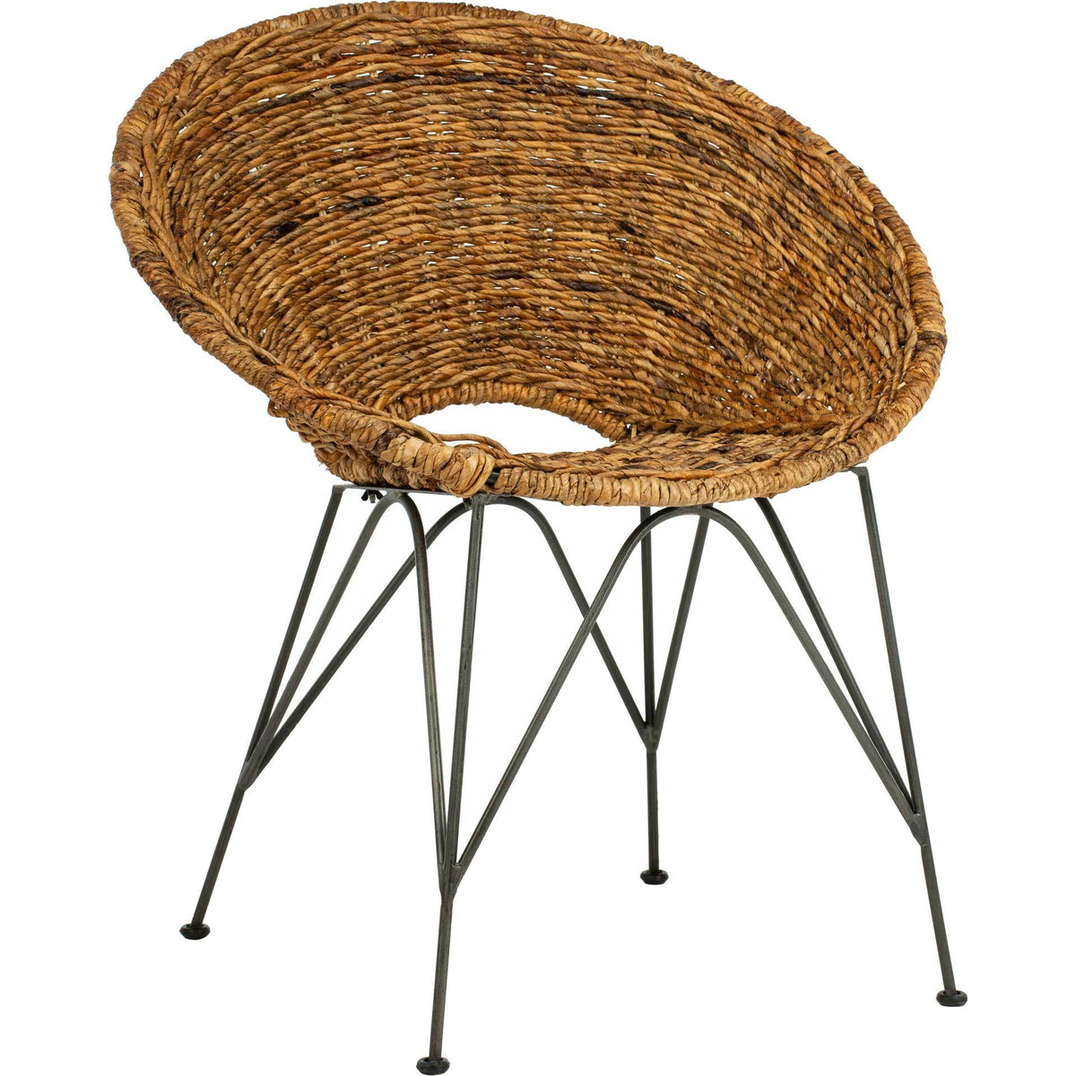 Warm brown rattan curves around a generous seat above slender steel legs || ACH6501B || front_angle_studio