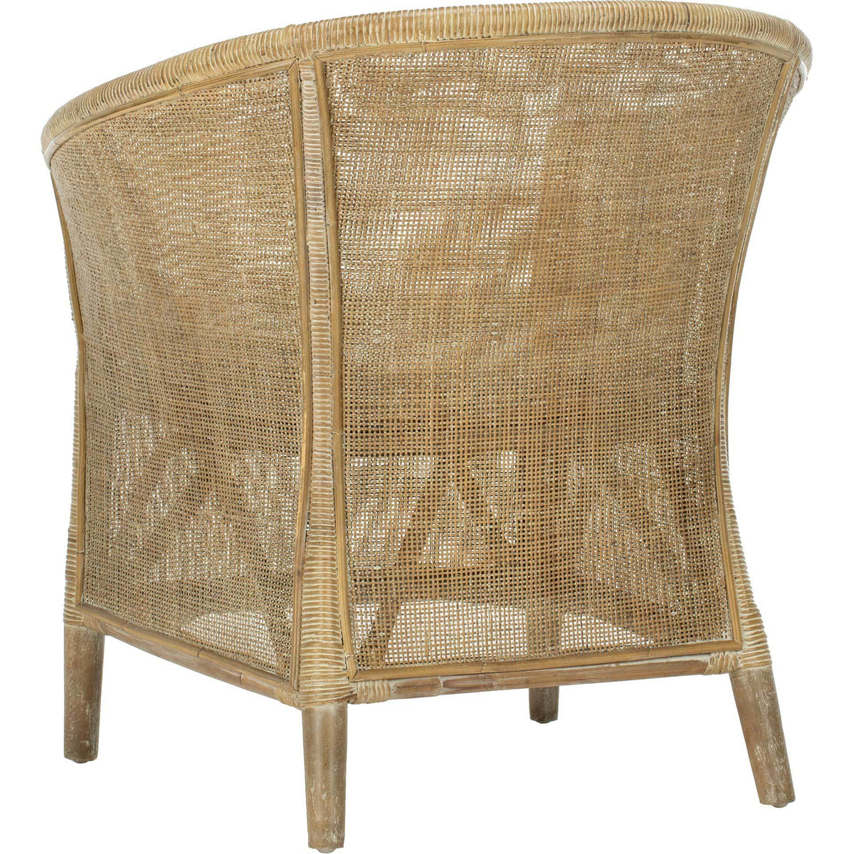 Lightly whitewashed rattan wraps from the curved back to the sides for all-around woven texture.